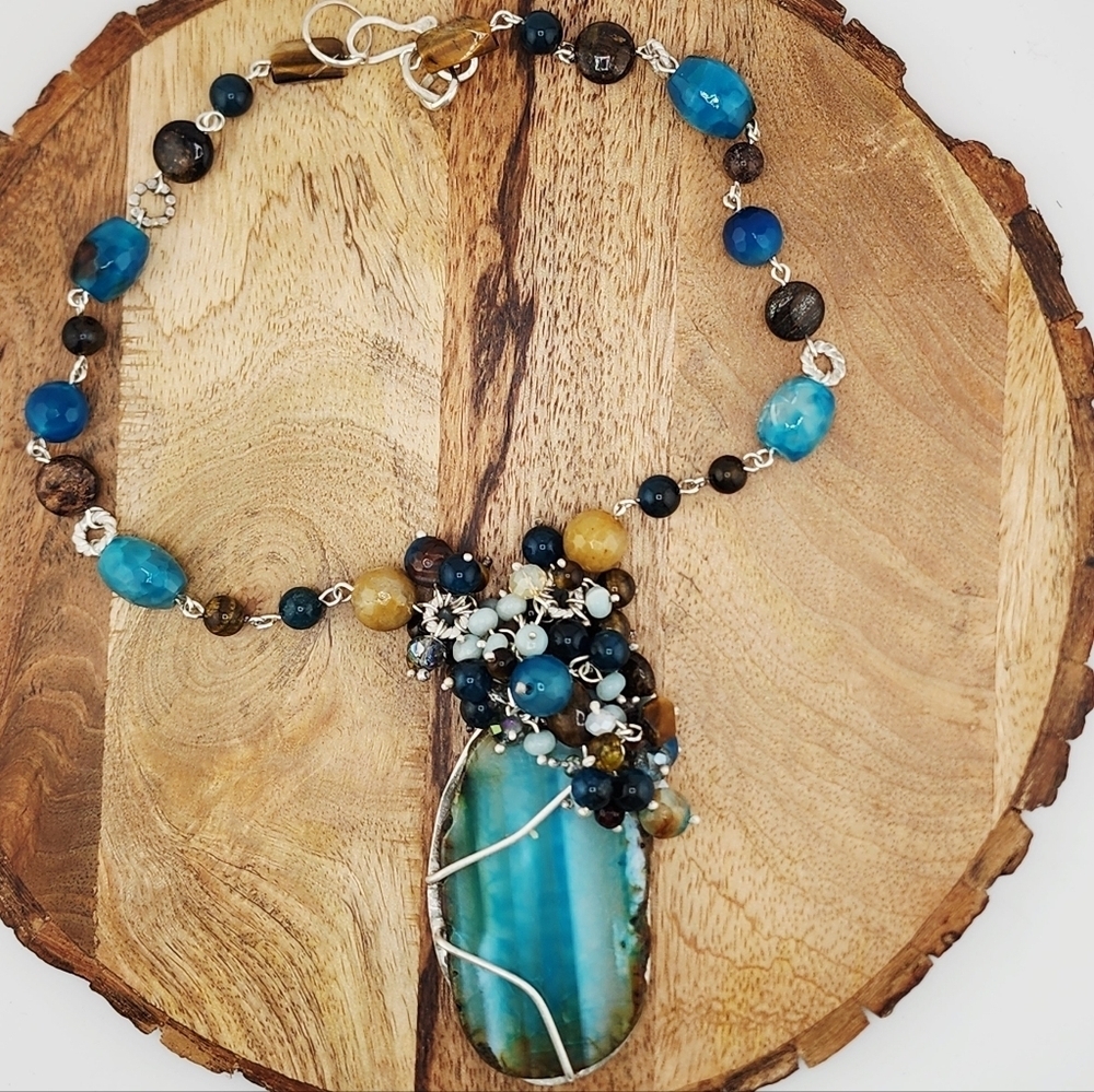AGATE, AMAZONITE & TIGERS EYE GENUINE GEMSTONE NECKLACE HANDMADE STERLING SILVER - Picture 10 of 14